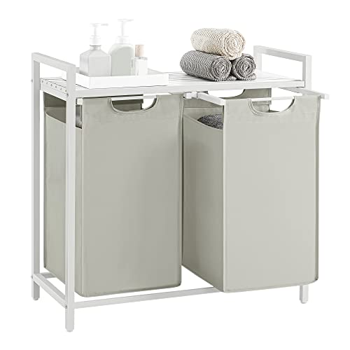 VASAGLE Wäschekorb 2 Fächer Wäschesammler mit Ablage Wäschebox Wäschesack aus Oxford-Gewebe abnehmbar Metallrahmen 2 x 46 L 73 x 33 x 72 cm cremeweiß-mattweiß BLH201W01