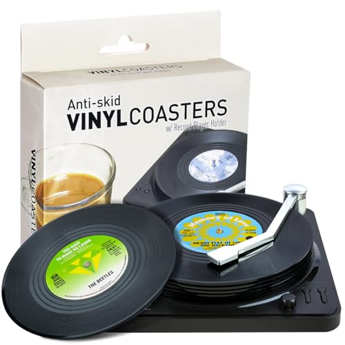 Funny Retro Record Coasters for Drinks with Vinyl Player Holder f...