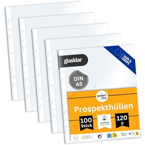 perfect line - 100 Prospekthüllen DIN-A5 - Klarsichtfolien Glasklar Extra-Stark - Premium-Qualität 120 my säurefrei dokumentenecht