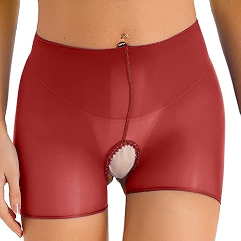 Linjinx Women's High Elasticity Open Crotch Mini Shorts See Through Temptation Tight Package Shorts Red B One Size Cover