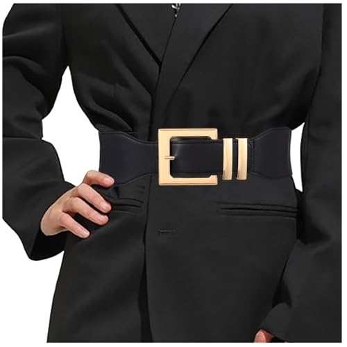 Yalice Black Wide Dress Belt for Women Thick Elaistc Waist Belts Fashion Gold Buckle Waistband for Ladies