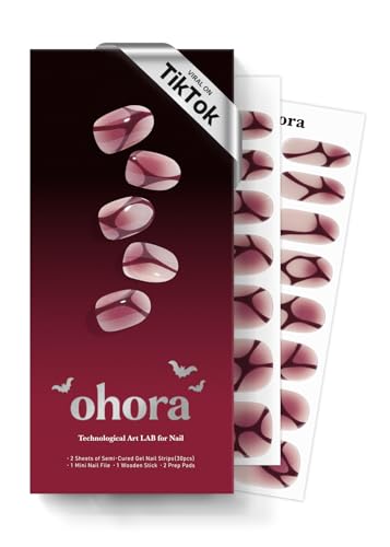 Image of ohora Semi Cured Gel Nail Strips (N Bloody Blushy) - Works with Any Lamps, Salon-Quality, Long Lasting, Easy to Apply & Remove - Includes 2 Prep Pads, Nail File & Wooden Stick