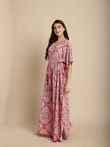 Image of Secret Wish Women's Rayon Pink Kaftan Nighty /Free Size /Scree Print /Drawstring /Nightdress /Nightwear /Full Length