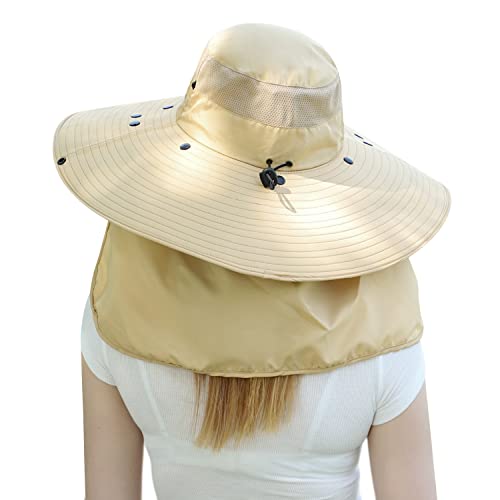 Image of Women Wide Brim Face Mask Sun Hat Detachable Neck Face Flap Ponytail UV Protection Visor Hat Garden Fishing Hiking