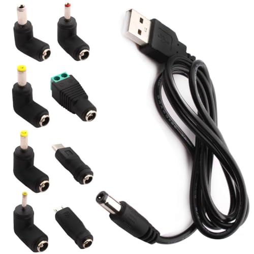RUNCCI-YUN Universal USB auf DC 5V Stecker Kabel,8 in 1 USB A auf Hohlstecker,DC Netzteil Adapter Kabel für Router, Mini-Lüfter, Lautsprecher und weitere 5-V-Geräte (1m, schwarz)