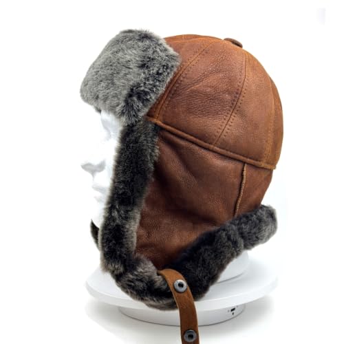 Image of Leather Aviator Russian Ushanka Trapper Shearling Sheepskin Fur Ear Flap Waterproof Winter Hat