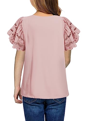 Image of blibean Girls Summer Short Sleeve Shirts Cotton Tops Size 4-15 Years Old | Kids Fashion Causal Solid Color Tee, Cute Ruffle Crewneck Basic Blouse, Flowy Clothes for Tween Teen Girl, Soft Breathable