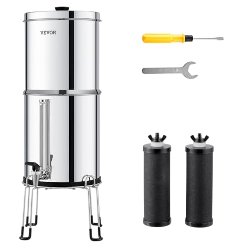 VEVOR Système de Filtration d'Eau par Gravité 8,5 L, Filtre à Eau par Gravité Réduction du Plomb et jusqu'à 99% du Chlore, en Inox 304, avec 2 Filtres à Charbon, Robinet, Niveau d’Eau et Support