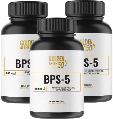 Golden After 50 BPS-5 - Blood Pressure Support Supplement - 3 Bottles - Helps Support Blood Flow and Heart Health - 800mg Magnesium Supplement with Grapeseed Extract, Hawthorn Berry, GABA