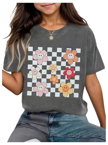 Floerns Girl's Graphic Short Sleeve T Shirt Crew Neck Drop Shoulder Casual Tee2