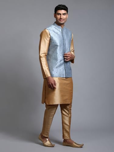 Image of VM Men's Grey And Cream Silk Blend Jacket, Kurta and Pyjama Set