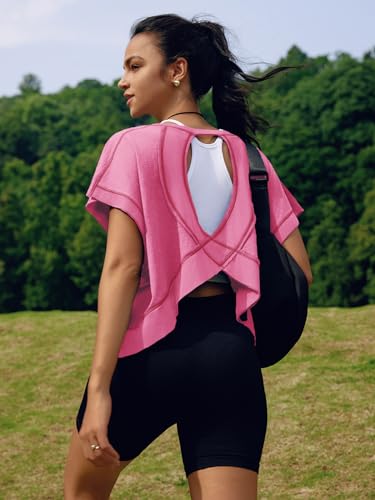 Image of SENSERISE Womens Open Back Workout Tops Backless Short Sleeve Athletic Shirt Running Crop Top Gym Yoga Tee