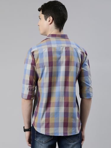 Image of JOVEN Men Slim Fit Pure Cotton Brown and Dark Green Casual Checked Shirt
