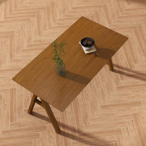 Image of DUOMAY Wooden Dining Table, Square 59 inch Wide Kitchen Table for 4-6 People, Mid Century Rectangular Dinner Table with Trestle Base for Home Restaurant, Walnut Color