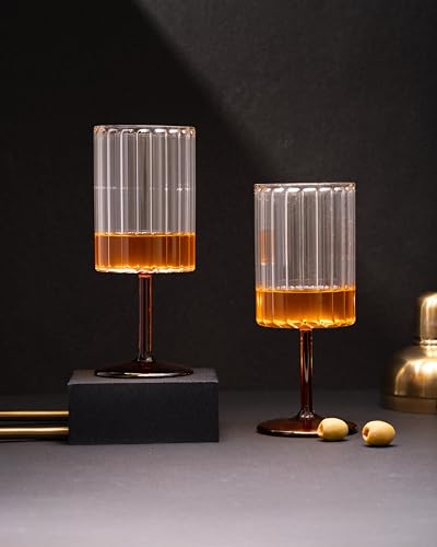 Image of CAR-O-BAR Ebony Wine Glass | Handcrafted Premium Glasses | Set of 2 | 240ml Crystal Thick Cut Heavy Base Crystal Wine Glass | Perfect for Red and White Wine (Fluted Clear with Red stem)