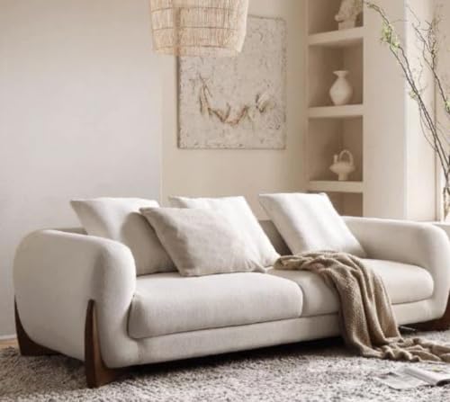 Image of Modern 3-Seater Sofa, Boucle Fabric, Curved Arms, Walnut Wooden Legs, (Beige, 3 Seater)