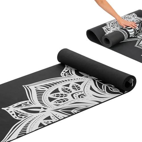 Image of Amazon Basics Printed TPE Yoga Mat with Yoga Strap | 6 mm Thick | Non-Slip Grippy Surface | Lightweight & Flexible Rubber-Like Material | Floor Protection | Ideal for Yoga, Pilates, Stretching & Fitness | 183 x 61 cm | Black
