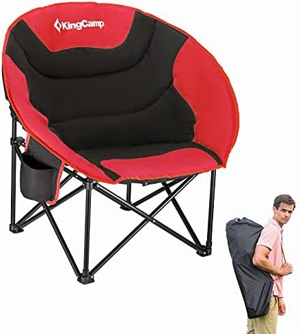 KingCamp Oversized Saucer Round Camping Chair Portable Padded Outdoor Folding Chair for Adult with Cup Holder Back Pocket Carry Bag, Support Up to 300lbs, Red