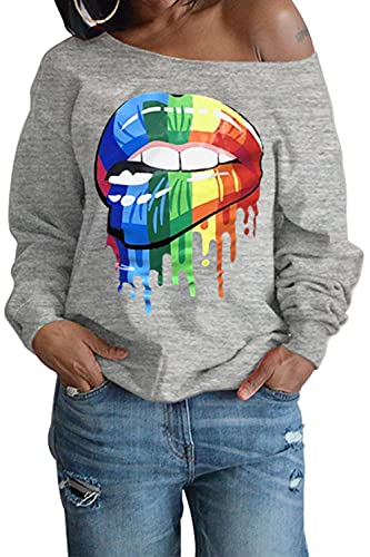 MAGICMK Womenâ€™s Off The Shoulder Pullover Sweatshirts Long Sleeve Lips Print Casual Tops (GrayL+Mouth, L)