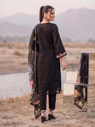 Image of INDO ERA Women's Silk Blend Embroidered Thread Work Kurta & Pant with Dupatta Set