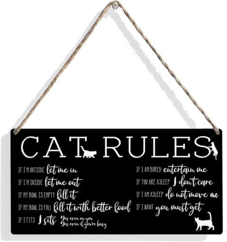 Cat Rules If I Am Outside Let Me In Rustic Wooden Wall Plaque, 5X10 Inch Cat Lovers Hanging Sign For Home Living Room Bedroom Bathroom Wall Art Decor