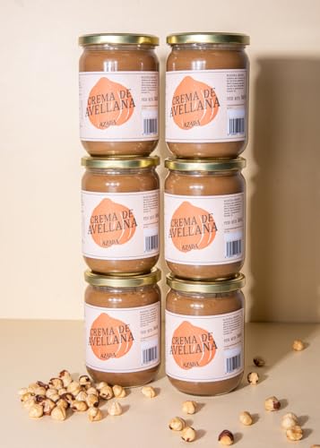 AZADA | Crema de Avellana Crunchy 6 x 500g | Sin Azúcar añadido | Mantequilla de Avellana | 100% AVELLANAS Tostadas | Cremosa con trocitos | Sin Gluten | Sin aditivos | Vegana | Sin Aceite de Palma