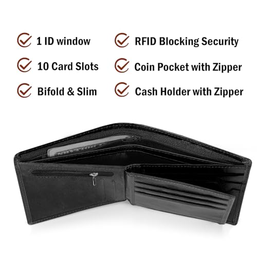 LYOOMALL Wallet for Men, Large Capacity Genuine Leather RFID Blocking Bifold Wallet/Credit Card Holder for Men, with Coin Pocket, Zipper Cash Pocket, ID Window and 10 Card Slots4