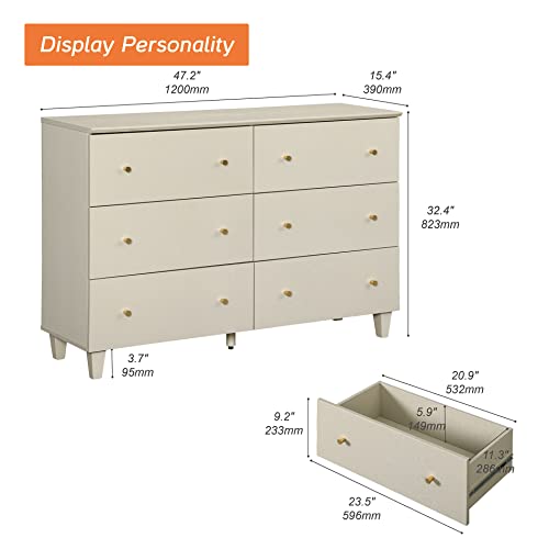 Image of WAMPAT 6-Drawer Dresser for Bedroom, Modern Chest of Drawers with Gold Knobs, 47.2 Inch Wide Linen Printed Finish Wood Storage Organizer for Kids Room, Living Room, Nursery, Dark Beige