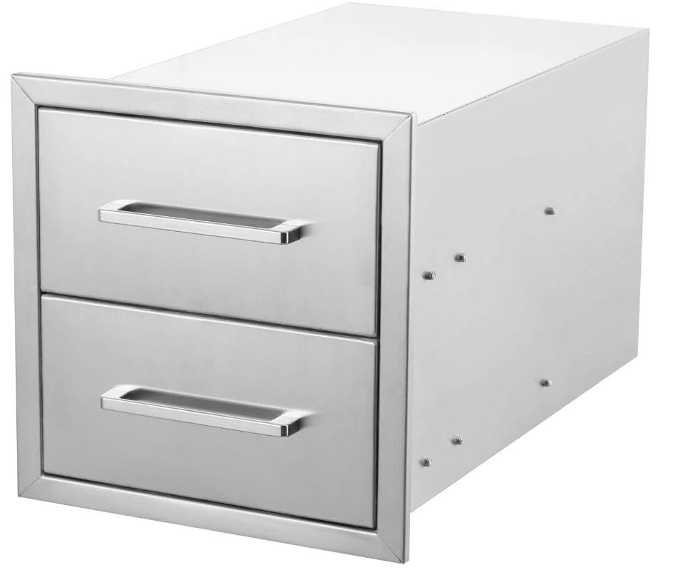Aptliton Stainless Steel Outdoor Kitchen Drawers – Weatherproof Storage, 2 Layer, Ball Bearing Slides, for BBQ Island & Patio Grill Station, 14" W x 15" H x 23"D