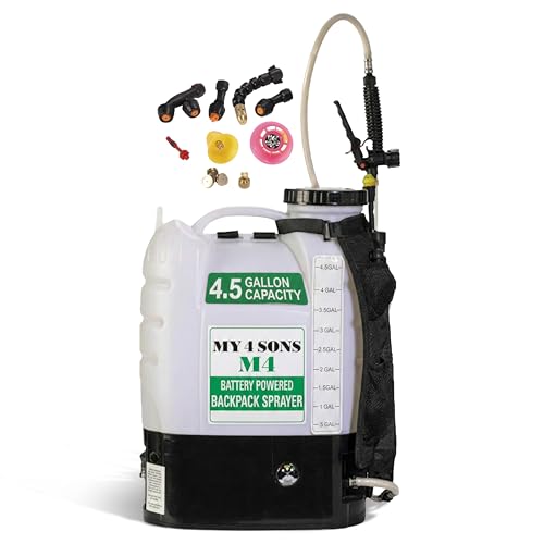 Backpack Sprayer - MY4SONS M4 4-Gallon Battery Powered - Cordless Electric Pump, Adjustable Wand, Waterproof Tank, Powerful 80 PSI Pump, Ideal for Garden, Lawn, Field, Fertilizers & Concrete Sealing