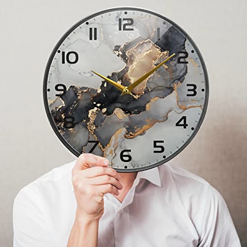 Beeplus Black Marble Round Wall Clock Non Ticking 11.9 Inch Decorative Clock Art For Bedroom Living Room Kitchen School #TOP4