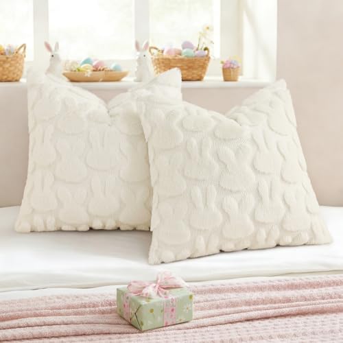 decorUhome Easter Bunny Pillow Covers 20x20 Inch Set of 2, Soft Plush Faux Wool Jacquard Cream White Rabbit Cushion Covers, Farmhouse Neutral Spring Easter Holiday Decor for Couch Sofa Bed — view 4