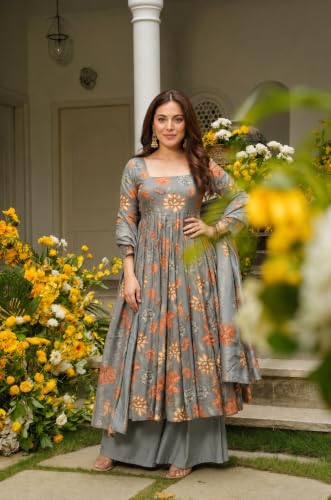 Image of ANNI Designer Kurta Set for Women Viscose Blend Printed | Kurti Set for Woman | Umbrella Kurta Palazzo Dupatta 3 Piece Outfit | Square Neck 3 /4 Sleeve Regular Fit Ethnic Dress Stylish Clothing