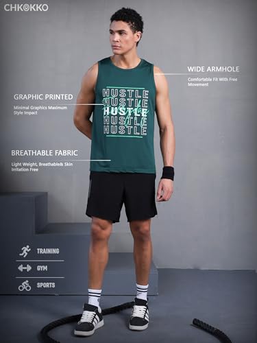 Image of CHKOKKO Tank Tops Sleeveless T-Shirt for Men Dry Fit Vest Gym Wear Graphic Printed Stylish Round Neck Running Sando for Sports Workout Fitness & Casual or Beach Wear