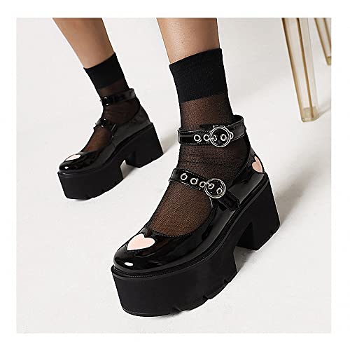 Image of Women's Platform Mary Janes Heart Cat Buckle Rivets Ankle Lolita Gothic Princess Platform Pumps Patent Leather Thorn Vintage Traditional Embroidery Upper Dress Shoes