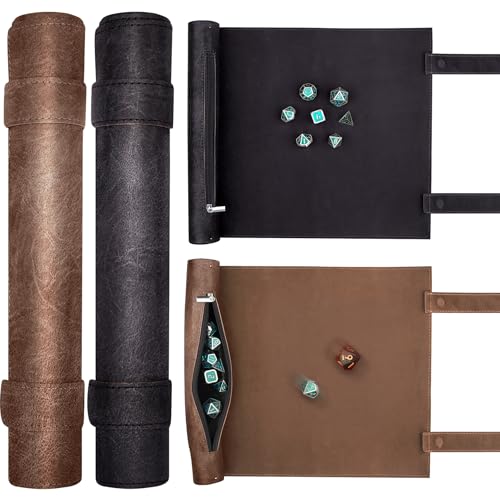SIQUK 2 Stücke Würfelmatte im Schriftrollen Stil Würfelmatte Rollentablett Würfelschale zum Rollen Würfeltablett & Würfelsack mit Würfel Aufbewahrung Würfelteller für DND RPG (Kamel Schwarz)