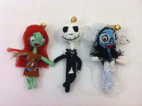 A Nightmare Before Christmas Set 3 x Voodoo String Doll Keychain Jack Skellington Sally Corpse Bride
