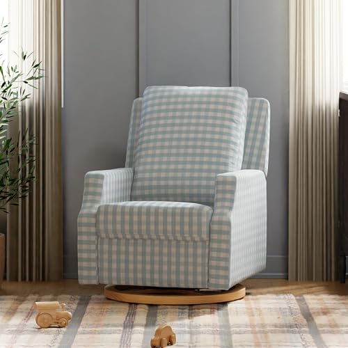 NAMESAKE-Crewe-Recliner-and-Swivel-Glider-in-Blue-Gingham-with-Light-Wood-Base-Greenguard-Gold-CertiPUR-US-Certified NAMESAKE Crewe Recliner and Swivel Glider in Blue Gingham with Light Wood Base Greenguard Gold CertiPUR US Certified