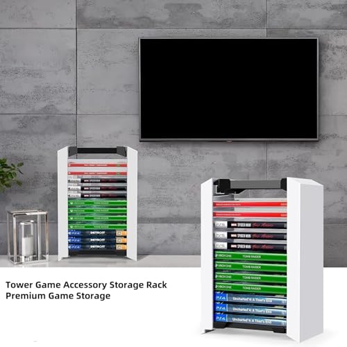 Image of Tobo Universal Video Game Storage Tower for PS5, PS4, PS3, Nintndo Switch, Xbox One, Xbox Series S /X - White Video Game Holder Organizer Stand with 12 CD Case Storage for Displaying TD-0520