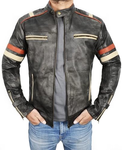 NM-Fashions Vintage Cafe Racer Leather Jacket Men Retro Motorcycle Racing Jacket Distressed Black Large