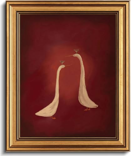 Image of Gold Framed 3D Textured Wall Art, Red Martini Duck Canvas Prints, Minimalist Cocktail Animal Pictures Decor, Funny Rustic Bar Cart Artwork for Kitchen Dining Room Living Room 16x24inch
