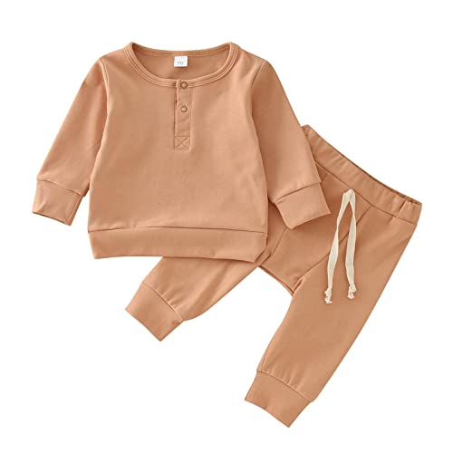 Generisch Recién nacido Bebé Niños Niñas Manga Larga Patchwork Sudadera Tops Pantalones Sólidos Conjunto Conjunto 2 PIEZAS Ropa, caqui, 12-18 meses