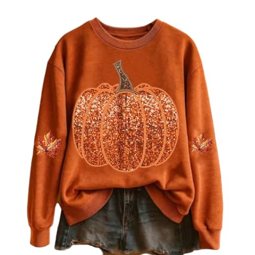 GAHIEDIM Halloween Sweater,Halloween Sweater Pumpkin Patch Outfit Crew Neck Tops Women Fall Pullover Sweatshirt Orange 06 Large - image 3