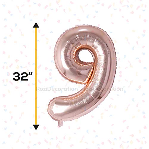 Image of Rozi Decoration 32 inch Inch Rose Gold 9 Number Foil Balloons Pack of 1 Pcs | 9th Anniversary Decoration | Happy 9th Birthday Balloons | 9 Year Birthday Decoration