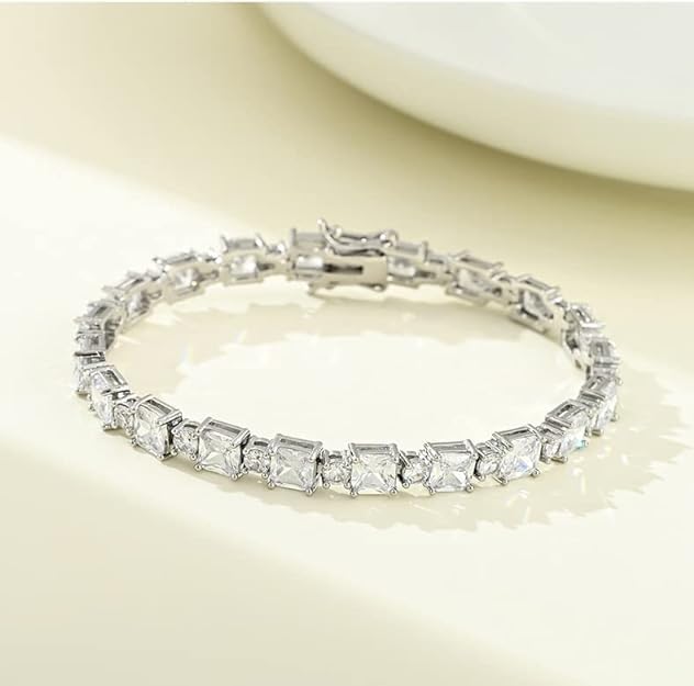 Shiny Moissanite Tennis Bracelet in 14K Gold, Round and Square Cut White Stones, Elegant Jewelry for Women, Mother's Day Gift (White Gold, 8Inch)3