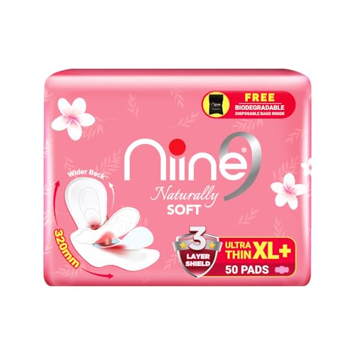 Image of NIINE Naturally Soft Ultra Thin XL+ Sanitary Napkins |320mm Long|Cottony Soft Control Rashes|Long Lasting protection |Suitable for Heavy Flow with Free Biodegradable Disposal Bags (Pack of 1) 50 Pads