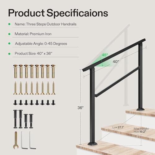 Image of VIVOSUN Outdoor Handrail, 3 Step Stair Handrail, 40 inch x 36 inch Fits 1 to 3 Steps, Wrought Mattle Iron Handrail for Concrete Steps, Porch Steps, One-Step Assembly, Black