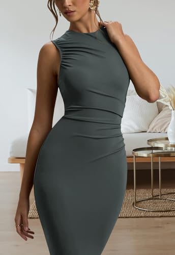 Image of FairBeauty Women's Bodycon Sleeveless Casual Ruched Pencil Midi Dresses | Summer Dress,Crew Neck,Ruched ,Tight Fit,Casual,Club,Party,Elegant,Cocktail,Date Night Breathable,Basic,Work,Trendy,Slim