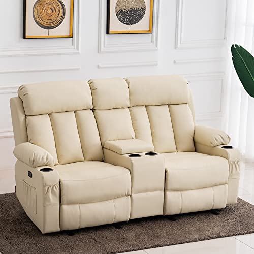 Mcombo Power Loveseat Recliner, Electric Reclining Loveseat Sofa With Heat And Massage, Cup Holders, Usb Charge Port For Living Room Faux Leather 6095 (Cream White, Loveseat Recliner With Console) #TOP1