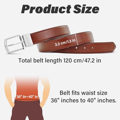 Men’s Leather Belt, Adjustable Reversible Belt with Rotating Buckle for Jeans Pants, One Reverse for 2 Colors2